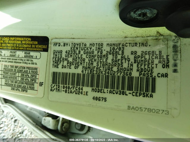 2004 TOYOTA CAMRY SE VIN: 4T1BE32K34U277360