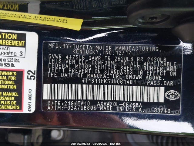 2018 TOYOTA CAMRY LE/SE/XLE/L VIN: 4T1B11HK5JU061481