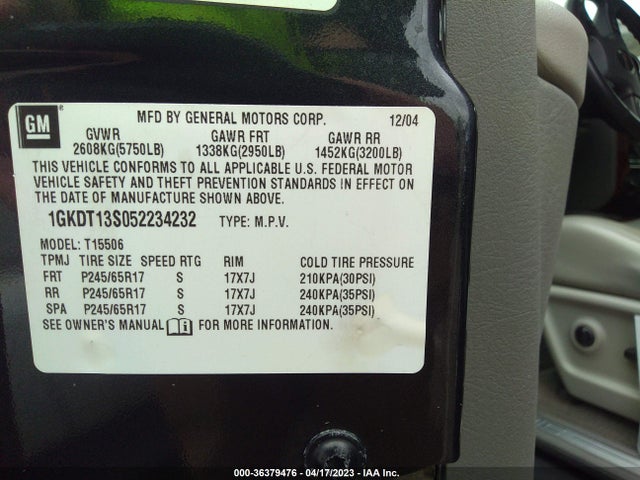 2005 GMC ENVOY SLT VIN: 1GKDT13S052234232