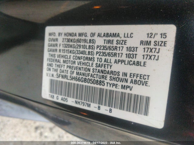 Honda Odyssey Ex-l 2016 5FNRL5H66GB050885 Image 10