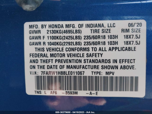 Honda Cr-v Ex-l 2020 7FARW1H88LE011067 Image 9