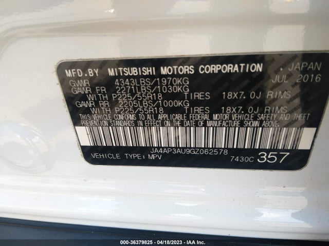 JA4AP3AU9GZ062578 Mitsubishi Outlander Sport 2.0 Es