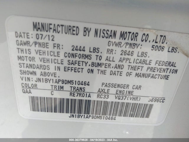 2013 INFINITI M37 VIN: JN1BY1AP9DM510464