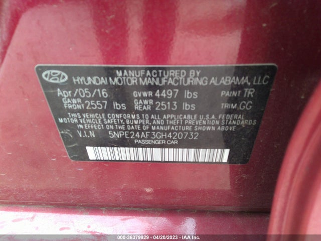 Hyundai Sonata 2.4l 2016 5NPE24AF3GH420732 Image 10