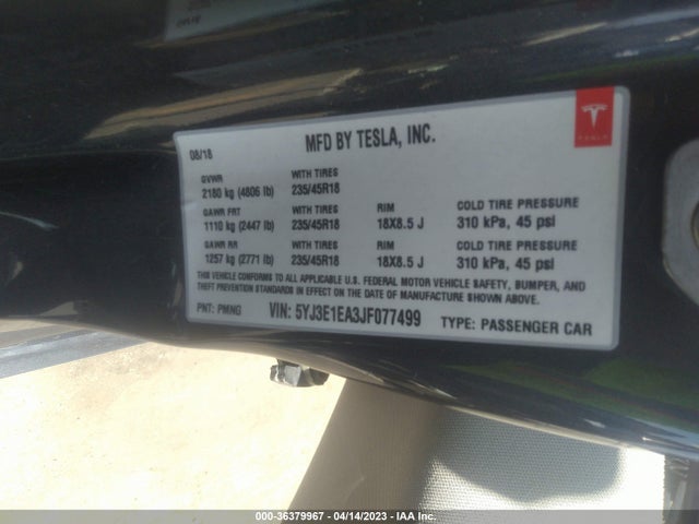 Tesla Model 3 Range Battery 2018 5YJ3E1EA3JF077499 Image 10