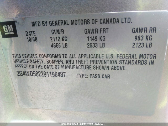 2009 BUICK LACROSSE CXL VIN: 2G4WD582291196487