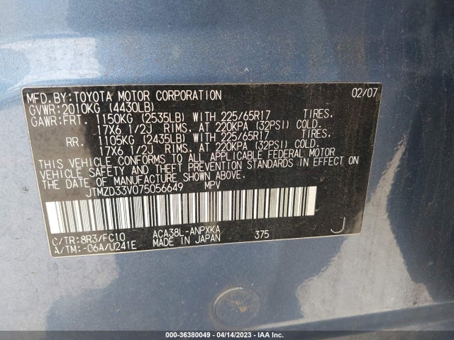 2007 TOYOTA RAV4 VIN: JTMZD33V075056649