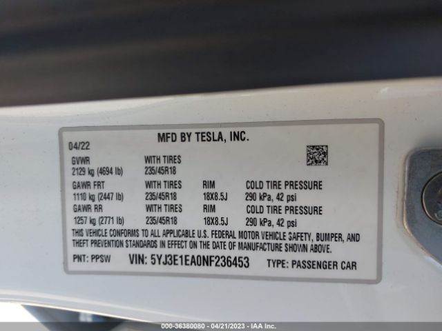 5YJ3E1EA0NF236453 Tesla MODEL 3