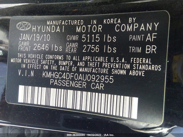 2010 HYUNDAI GENESIS VIN: KMHGC4DF0AU092955