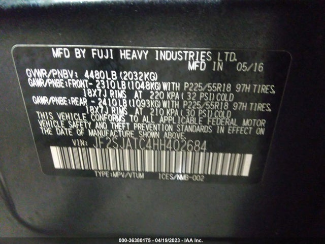 2017 SUBARU FORESTER TOURING VIN: JF2SJATC4HH402684