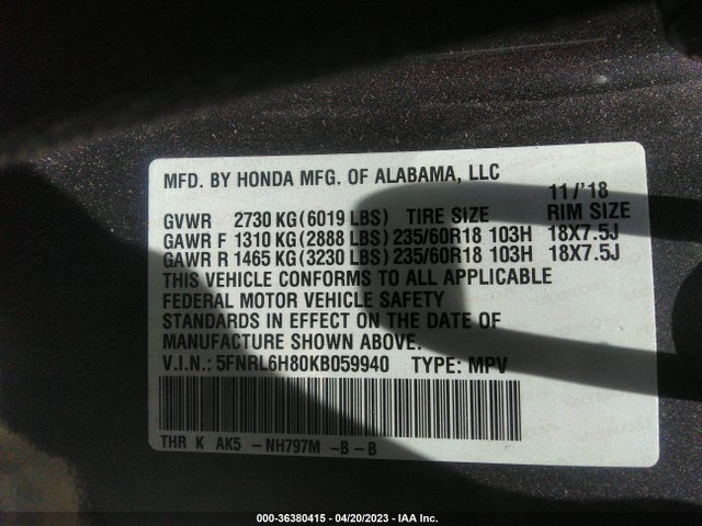 Honda Odyssey Touring 2019 5FNRL6H80KB059940 Image 9