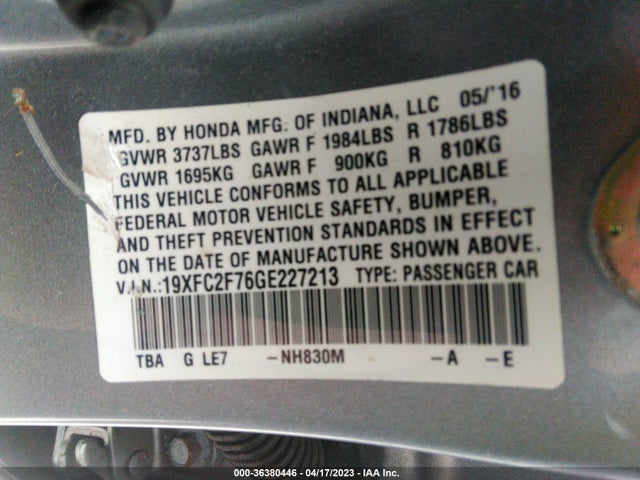 2016 HONDA CIVIC SEDAN EX VIN: 19XFC2F76GE227213