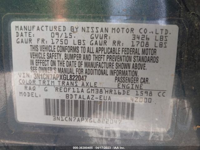 3N1CN7APXGL822047 Nissan Versa S Plus
