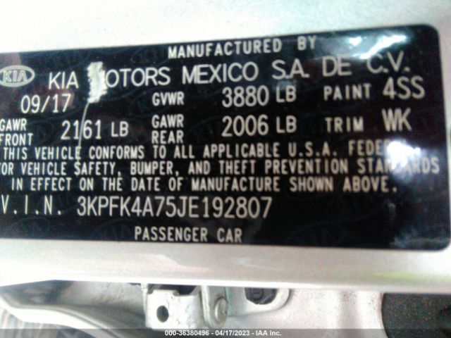 3KPFK4A75JE192807 KIA FORTE LX