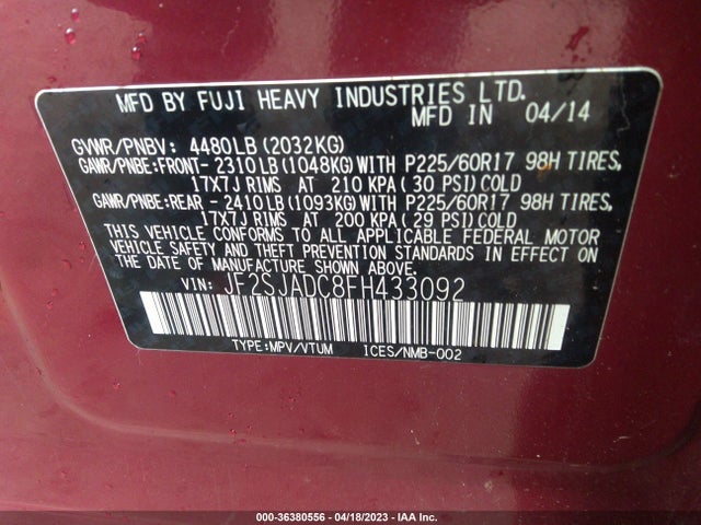 2015 SUBARU FORESTER 2.5I PREMIUM VIN: JF2SJADC8FH433092