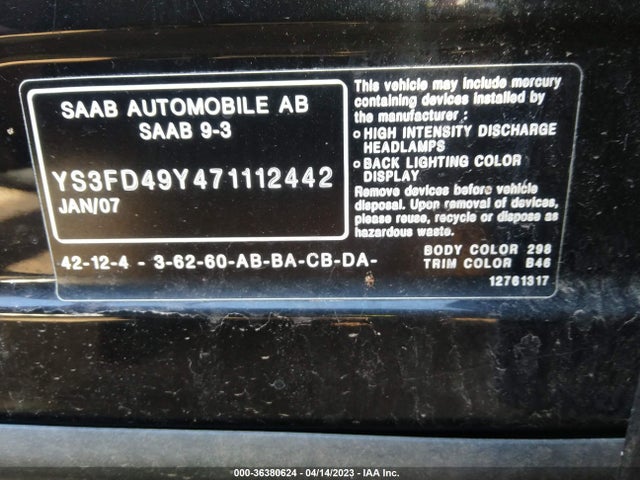 2007 SAAB 9 3 VIN: YS3FD49Y471112442