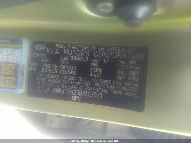 2011 KIA SOUL VIN: KNDJT2A25B7307973