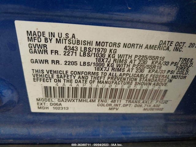 4A4AP3AU0FE058326 Mitsubishi Outlander Sport Es