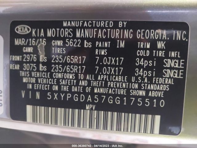 5XYPGDA57GG175510 KIA SORENTO LX