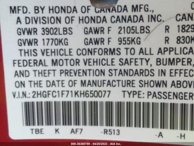 Honda Civic Sedan Ex-l 2019 2HGFC1F71KH650077 Image 9
