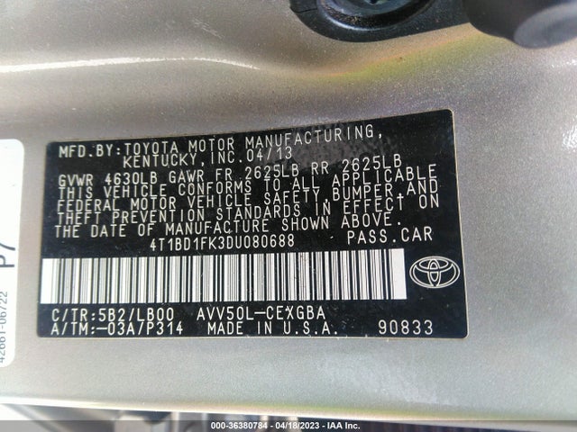 2013 TOYOTA CAMRY HYBRID LE/XLE VIN: 4T1BD1FK3DU080688