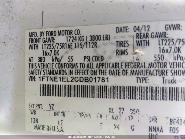 2012 FORD ECONOLINE CARGO VAN COMMERCIAL/RECREATIONAL VIN: 1FTNE1EL2CDB01781