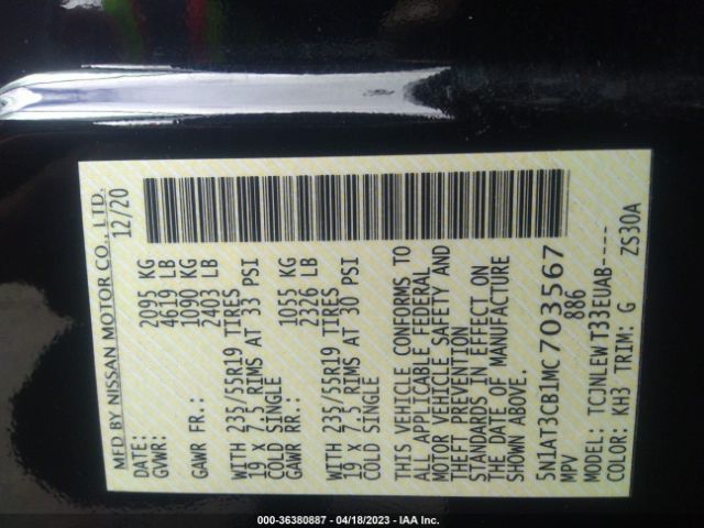 5N1AT3CB1MC703567 Nissan Rogue Sl