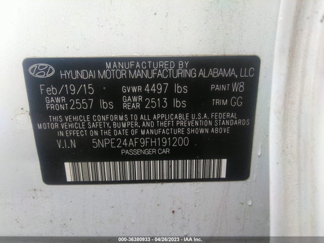 2015 HYUNDAI SONATA 2.4L SE VIN: 5NPE24AF9FH191200