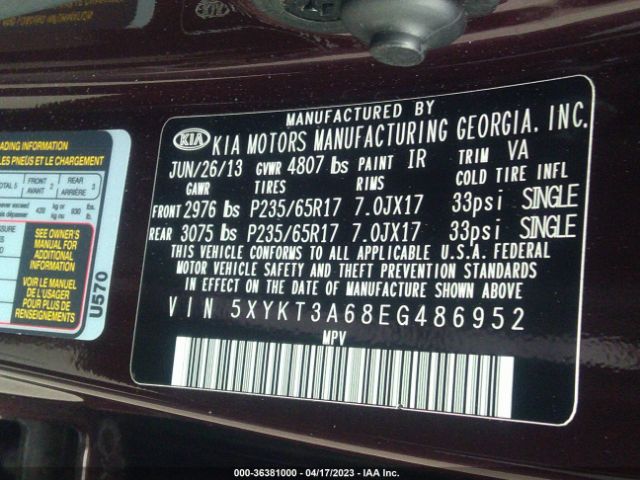 5XYKT3A68EG486952 KIA SORENTO LX