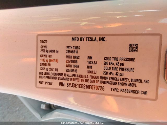 5YJ3E1EB2MF079726 Tesla Model 3 Long Range