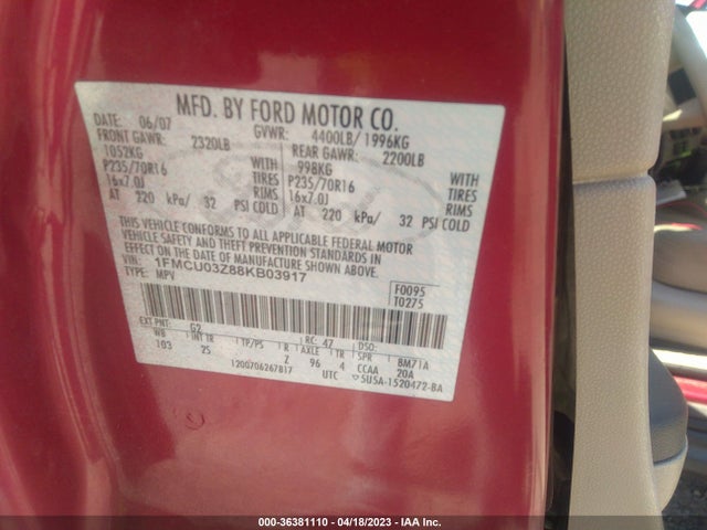 2008 FORD ESCAPE XLT VIN: 1FMCU03Z88KB03917