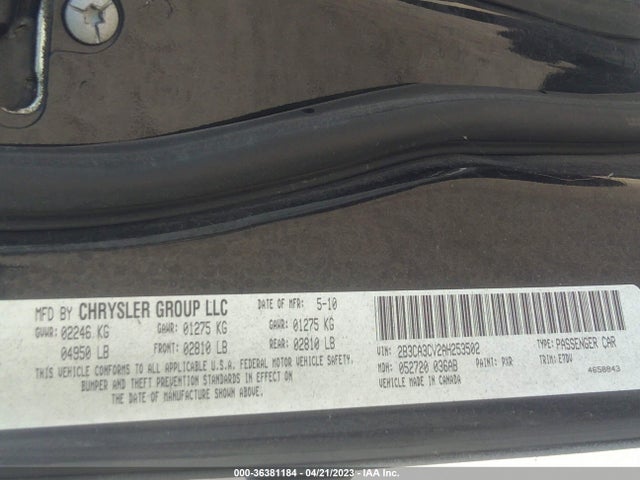 2010 DODGE CHARGER SXT VIN: 2B3CA3CV2AH253502
