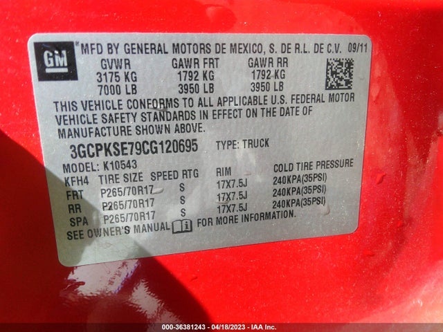 2012 CHEVROLET SILVERADO 1500 LT VIN: 3GCPKSE79CG120695