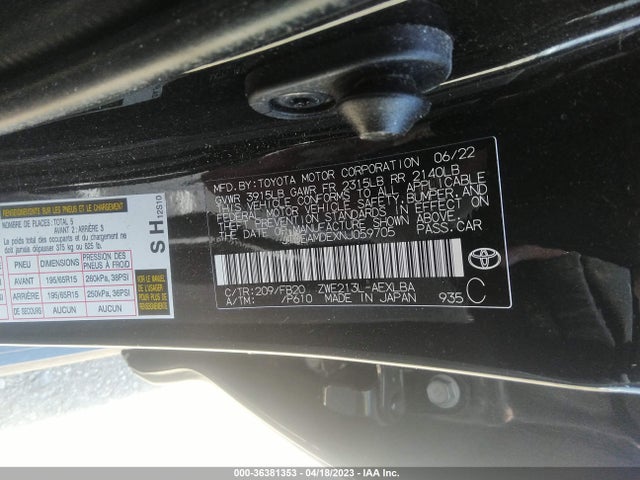 2022 TOYOTA COROLLA HYBRID LE VIN: JTDEAMDEXNJ059705