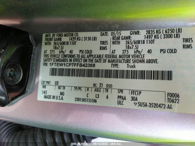 Ford F-150 Xl/lariat/xlt 2015 1FTEW1CP7FFB42368 Image 9