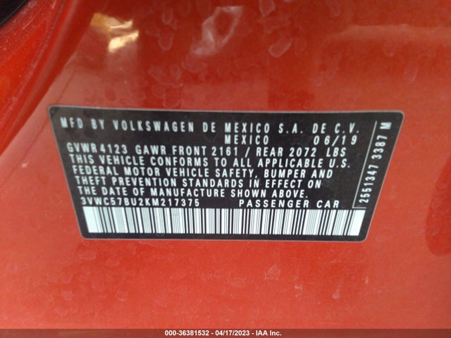 3VWC57BU2KM217375 Volkswagen Jetta S/se/r-line