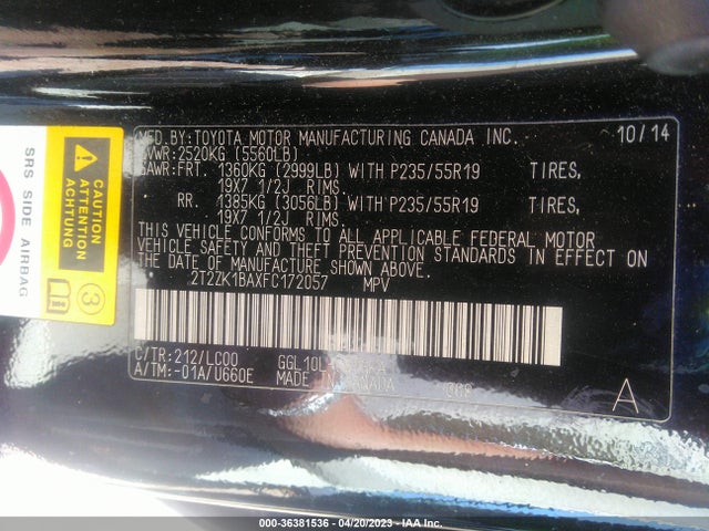 2T2ZK1BAXFC172057 Lexus RX 350