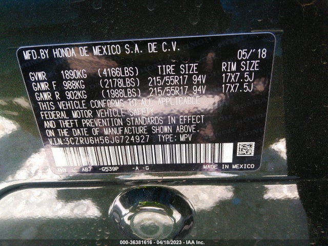 Honda HR-V EX 2018 3CZRU6H56JG724927 Image 9
