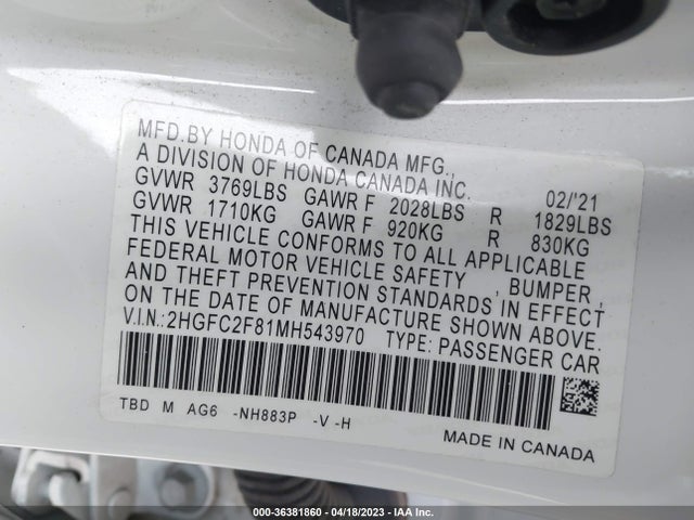2021 HONDA CIVIC SEDAN SPORT VIN: 2HGFC2F81MH543970