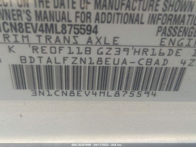 3N1CN8EV4ML875594 Nissan VERSA SV
