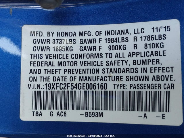 Honda Civic Sedan Lx 2016 19XFC2F54GE006160 Image 10