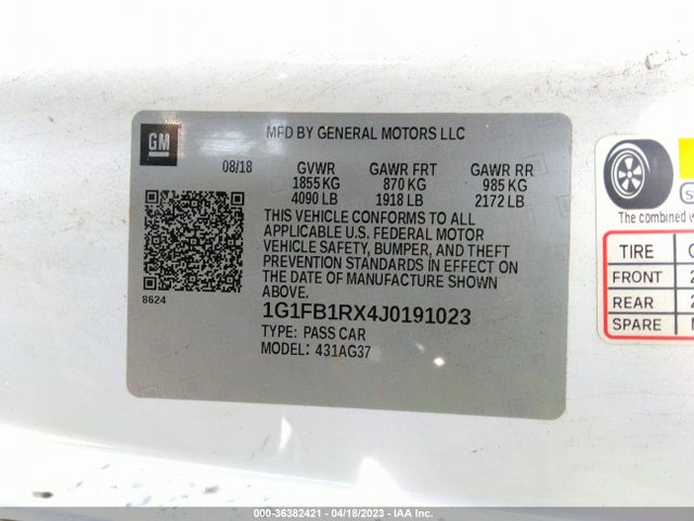 Aukcja sprzedaży 2018 Chevrolet Camaro 1lt, vin: 1G1FB1RX4J0191023, numer aukcji: 36382421