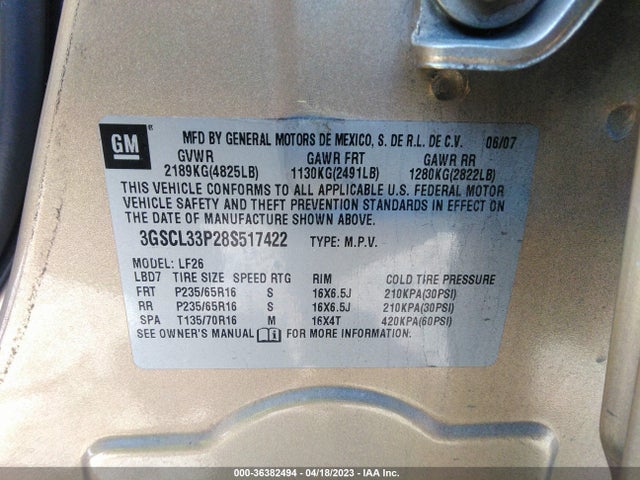 2008 SATURN VUE XE VIN: 3GSCL33P28S517422