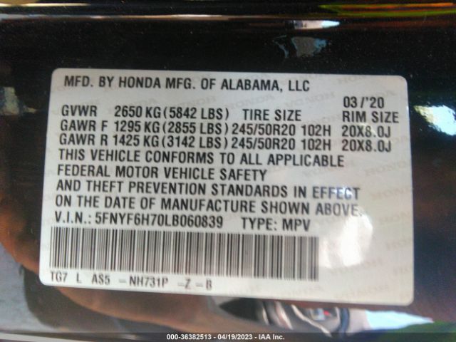 5FNYF6H70LB060839 Honda Pilot Black Edition