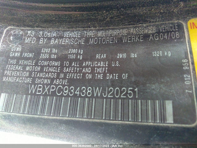 2008 BMW X3 3.0SI VIN: WBXPC93438WJ20251