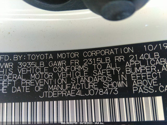 2020 TOYOTA COROLLA LE VIN: JTDEPRAE4LJ078473