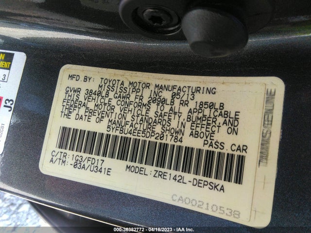 2013 TOYOTA COROLLA L/LE/S VIN: 5YFBU4EE5DP201784