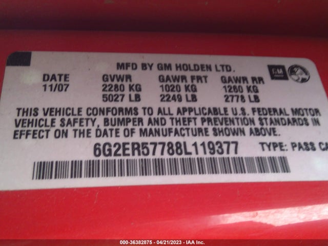 2008 PONTIAC G8 VIN: 6G2ER57788L119377