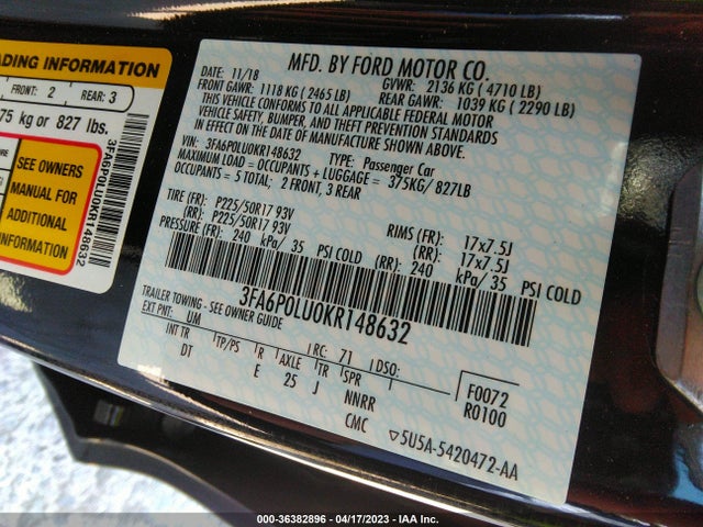 3FA6P0LU0KR148632 Ford Fusion Hybrid Se
