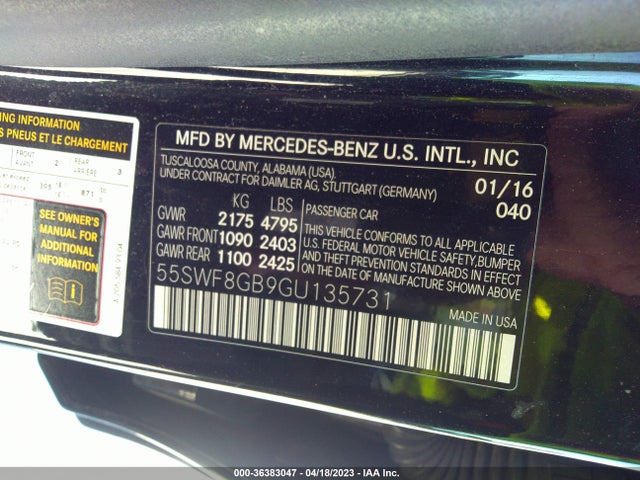 2016 MERCEDES-BENZ C-CLASS AMG C 63 VIN: 55SWF8GB9GU135731